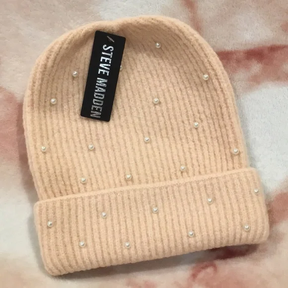 Steve Madden Woolen Knit Cap Peach and Pearl Accents NWT OSFM - Picture 11 of 11